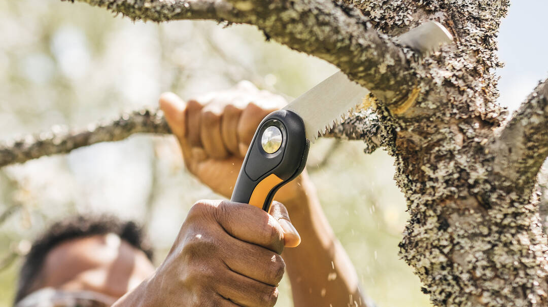 Person using a folding saw to prune a thick tree branch with precise control during garden maintenance.
