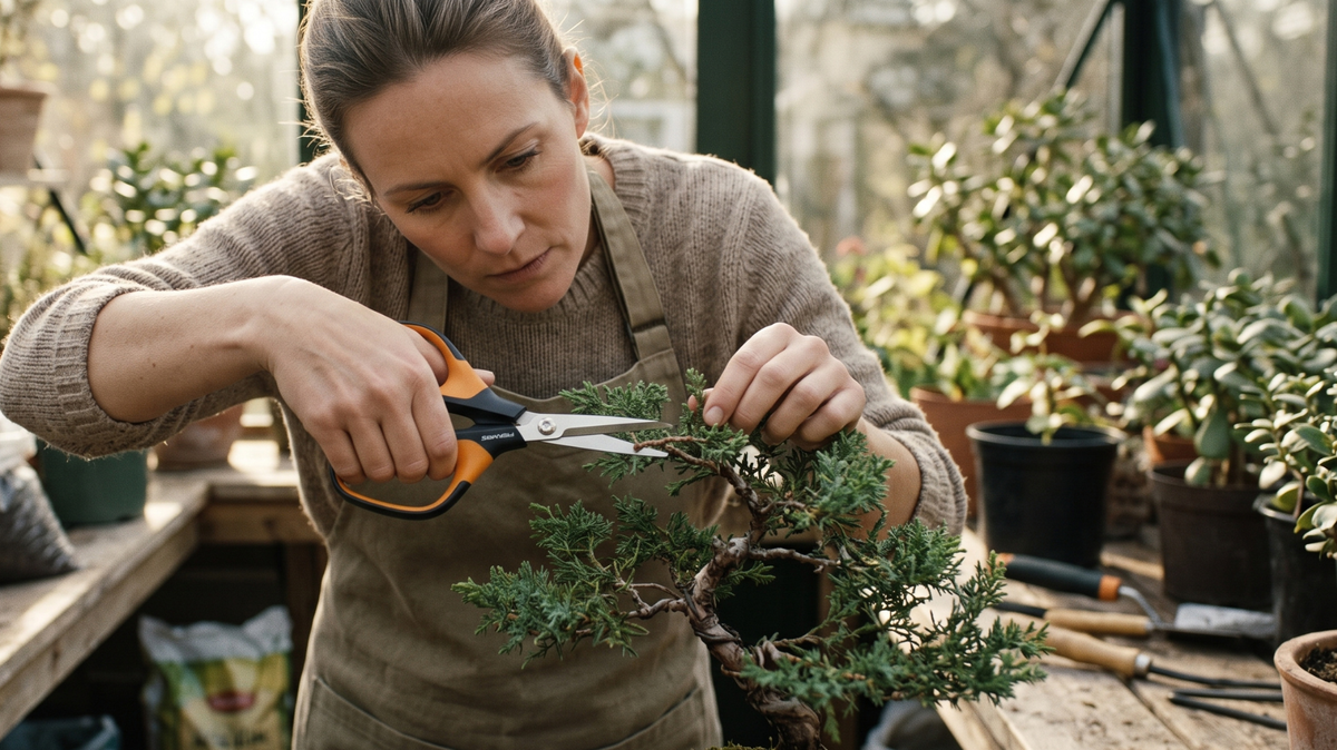 Woman using garden cutting tools to carefully prune and shape a small bonsai tree.