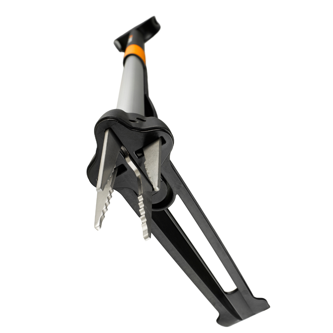 Black and silver tool with a white background