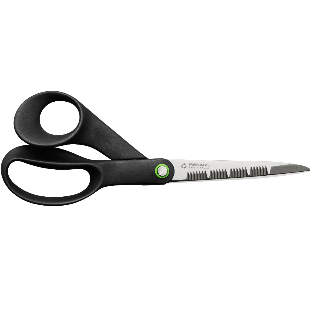 Black scissors with a visible brand logo on a white background
