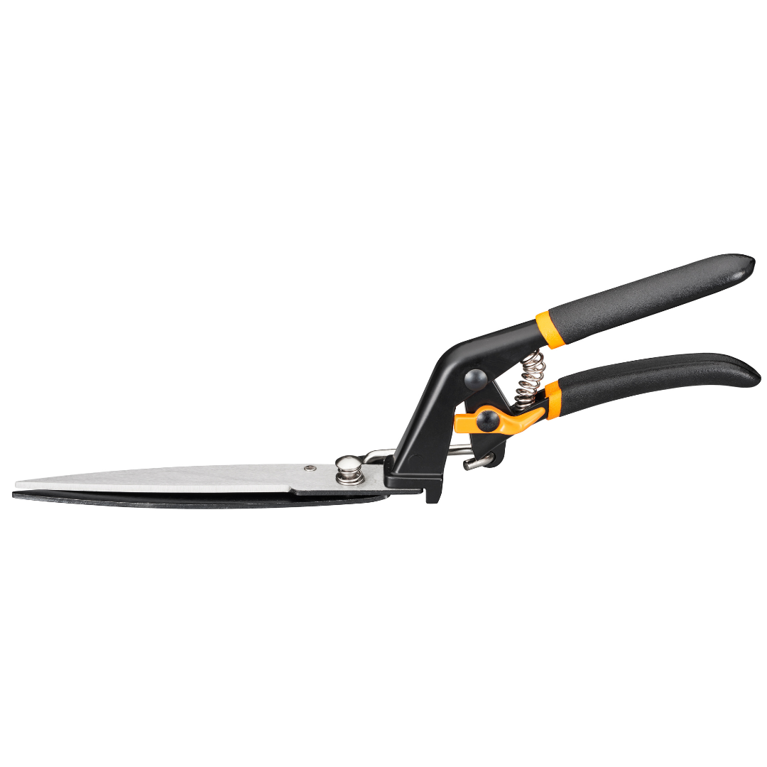 Pruning shears with black and yellow handles on a white background