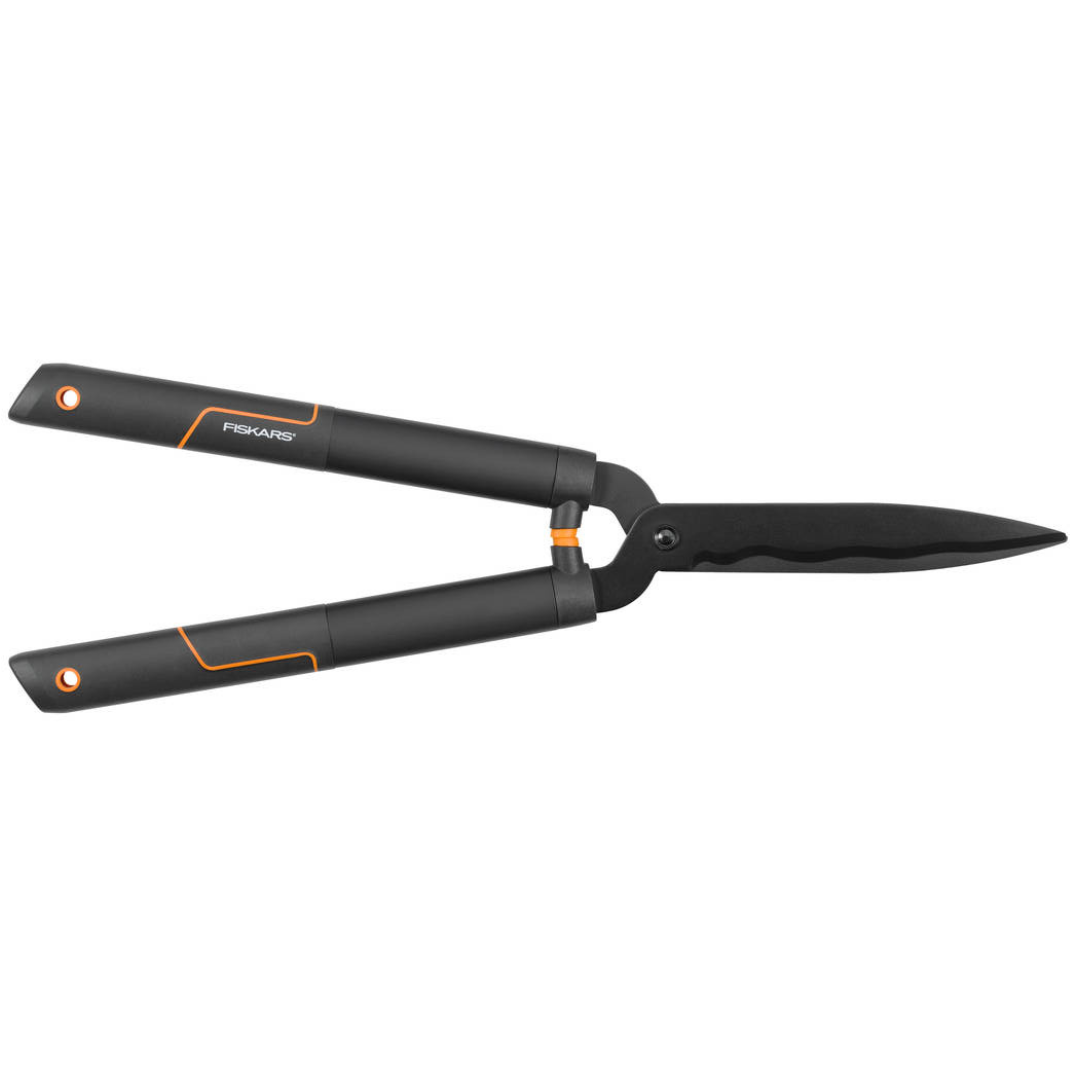 Fiskars SingleStep Hedge Shears with wavy blade, featuring black handles with orange accents and a hardened steel blade.