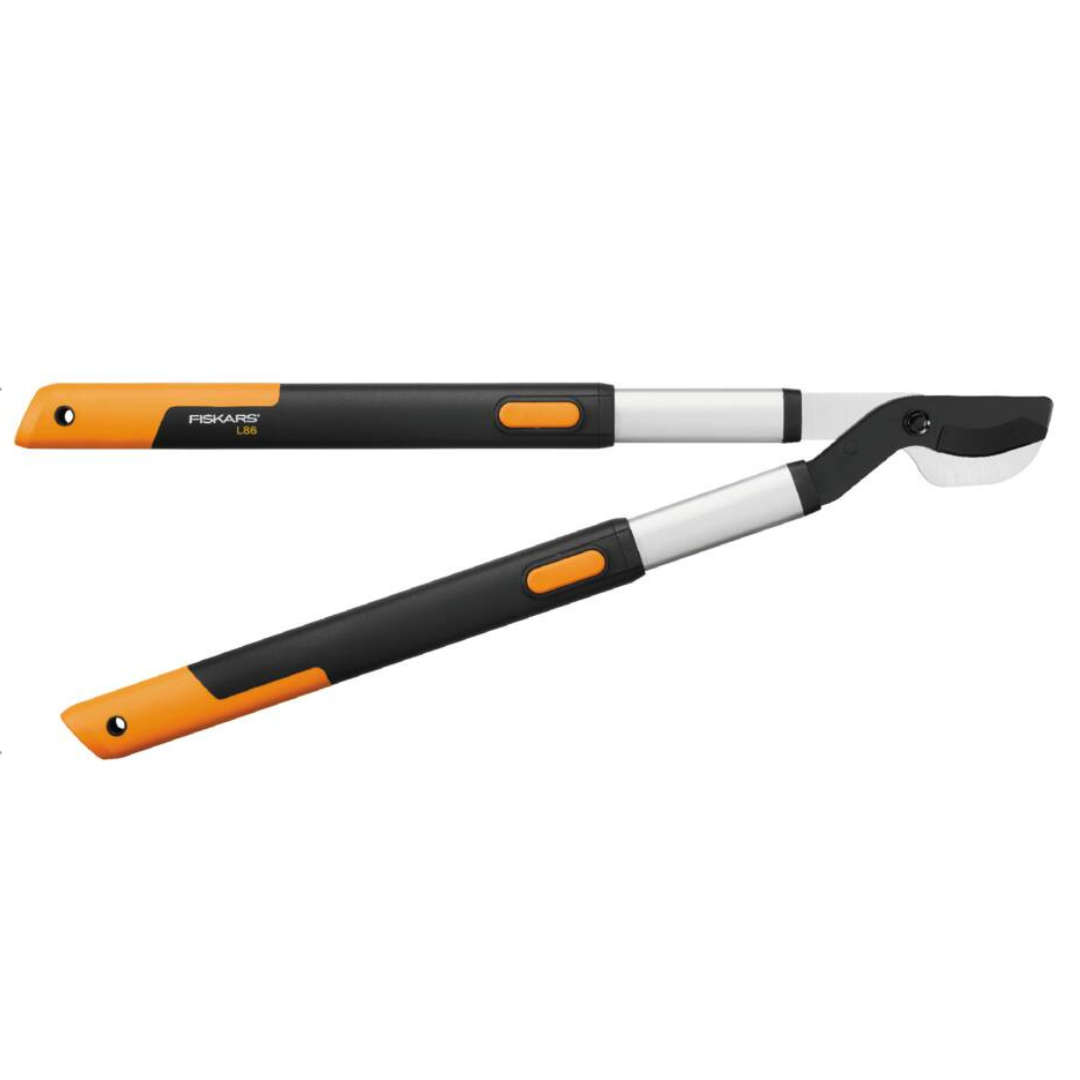 Fiskars SmartFit Telescopic Bypass Lopper with black and orange handles, featuring sharp steel jaws and an adjustable shaft.