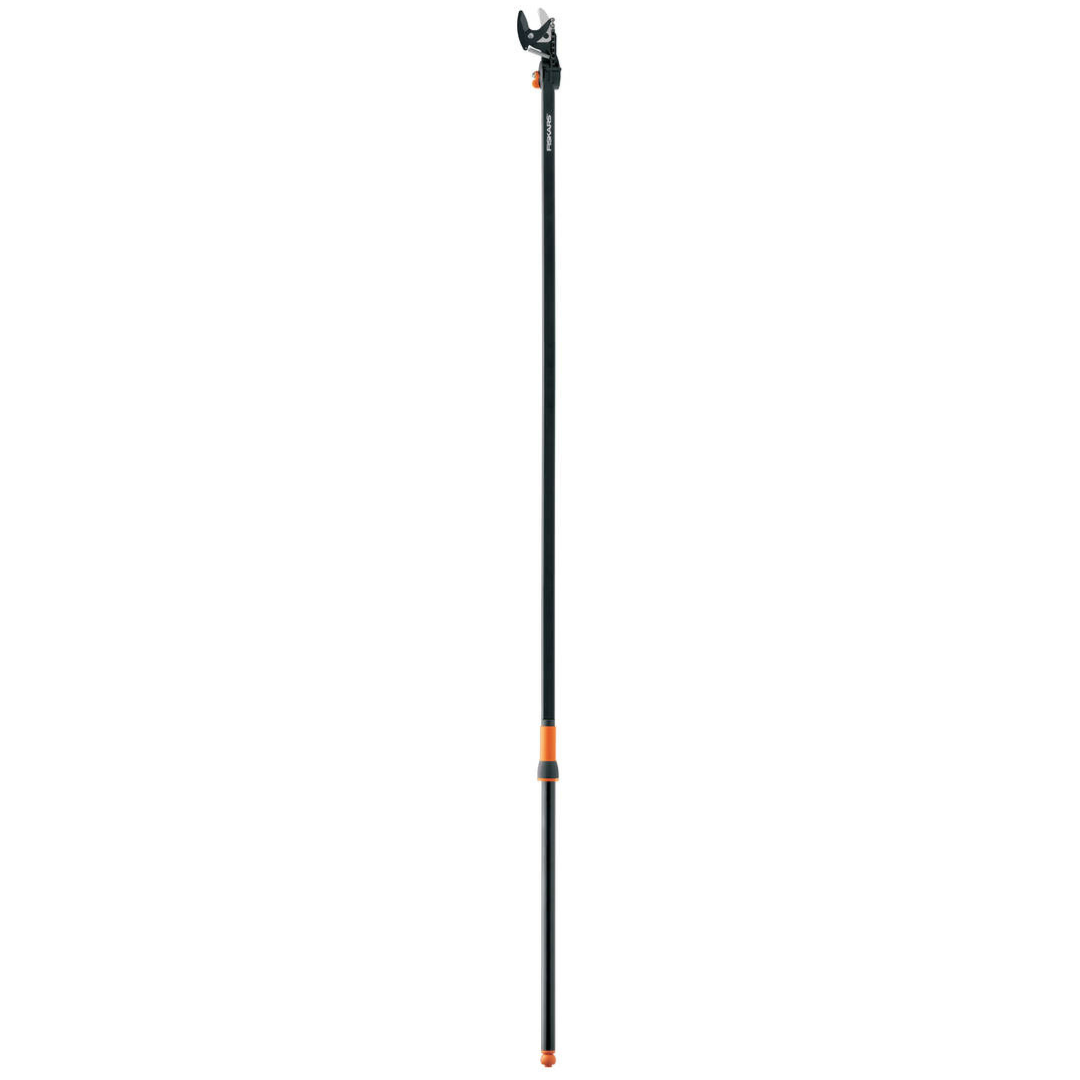 A long bypass tree pruner with a black shaft and orange detailing.
