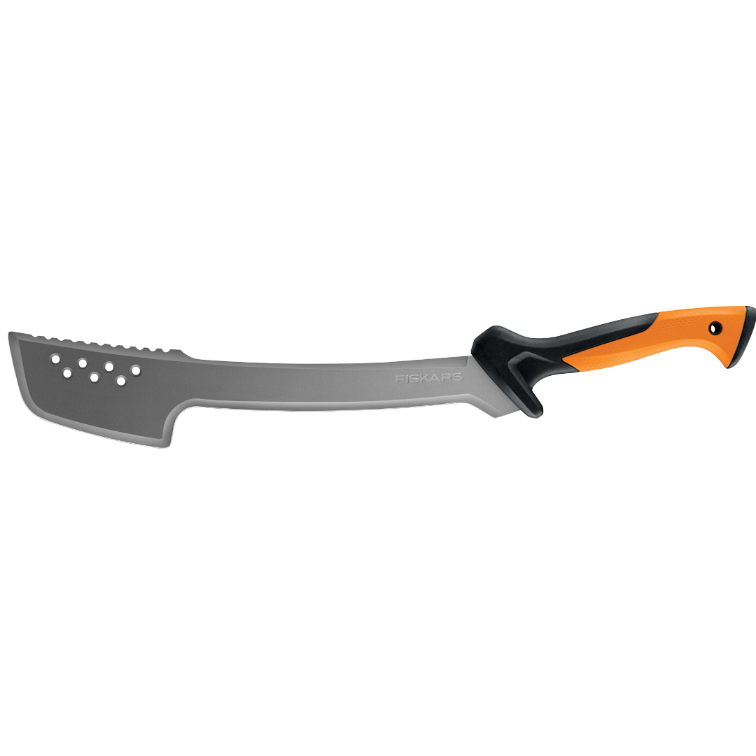 Felling axe with orange and black handle on a white background
