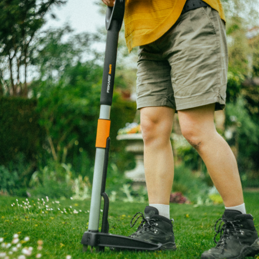 Person holding a garden tool in a garden setting