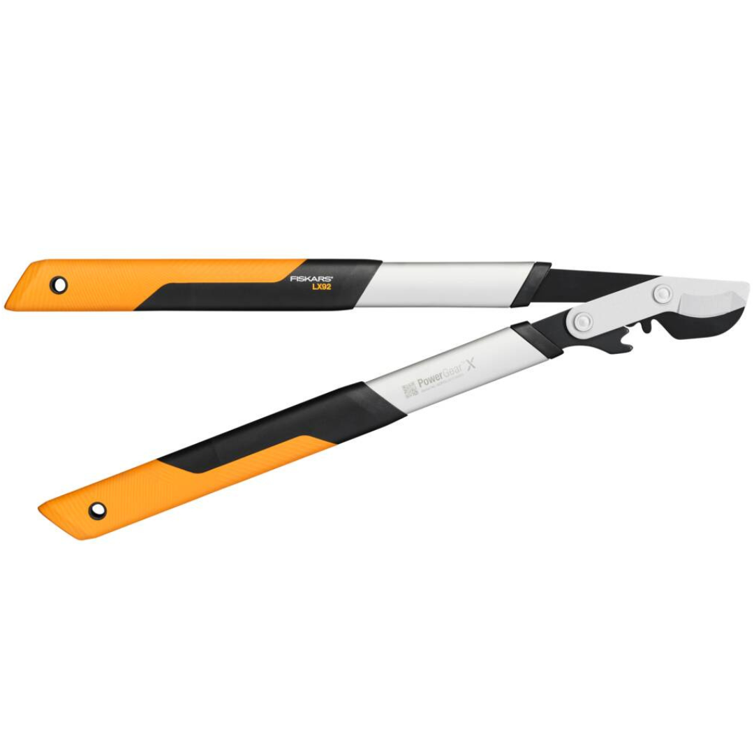 Fiskars PowerGear X Bypass Lopper with stainless steel blades and an aluminum shaft with orange and black handle.