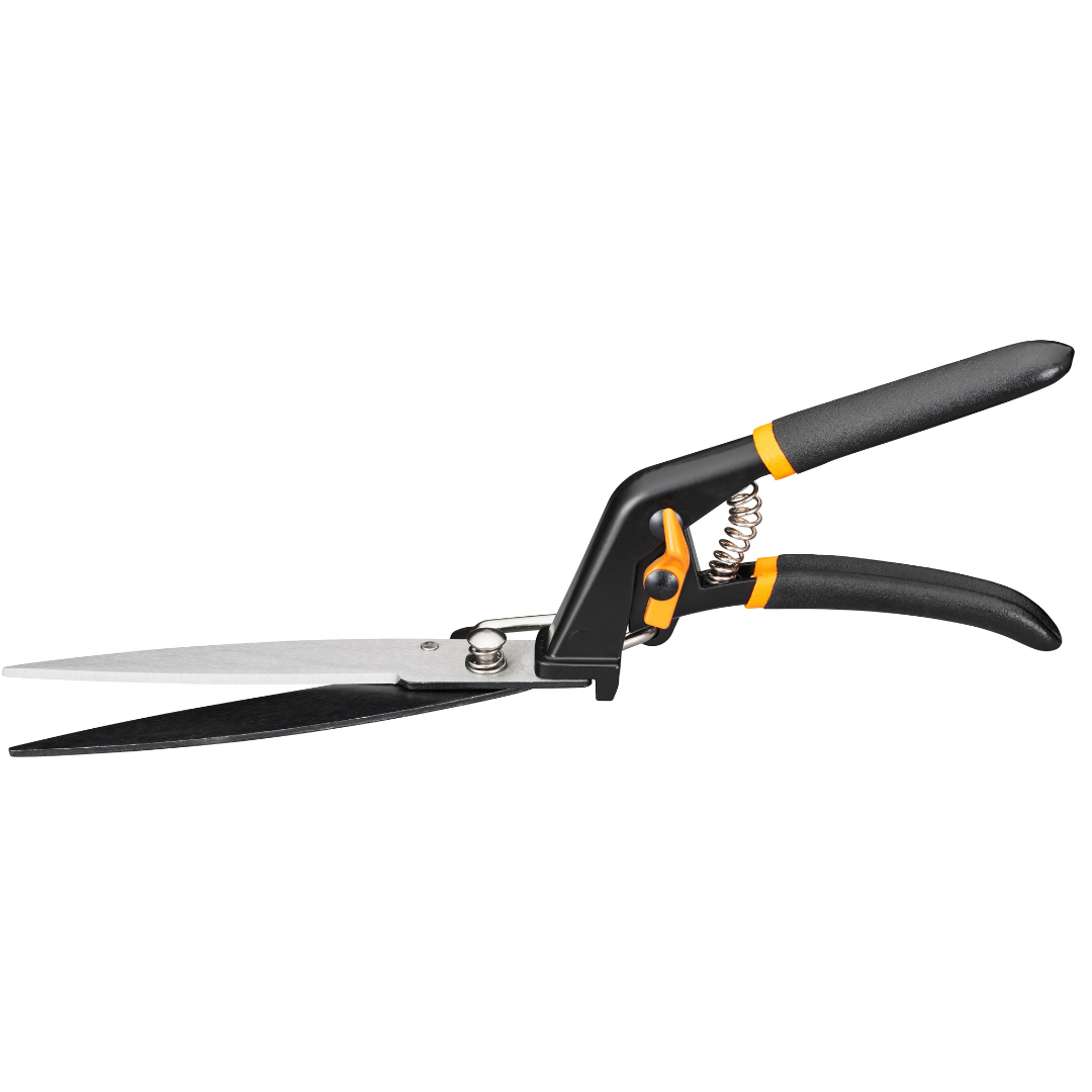 Gardening shears with black and orange handles on a white background