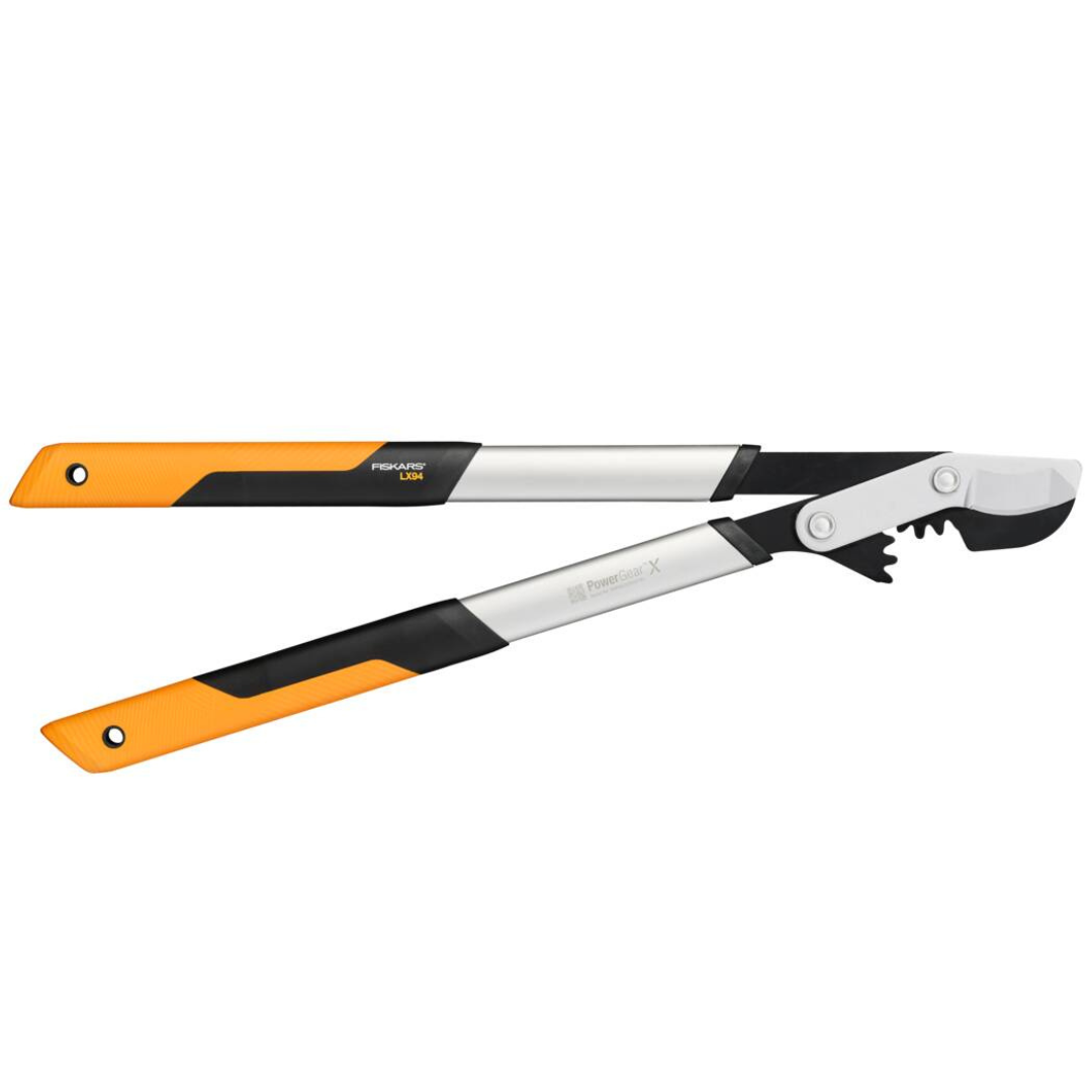 A bypass lopper with an aluminum shaft, black and orange handles, and stainless steel blades.