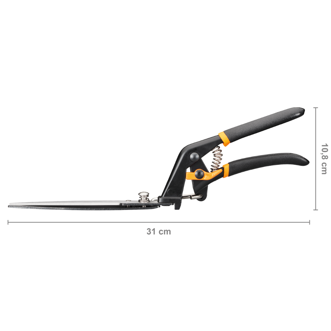Garden pruner with measurement details on a white background