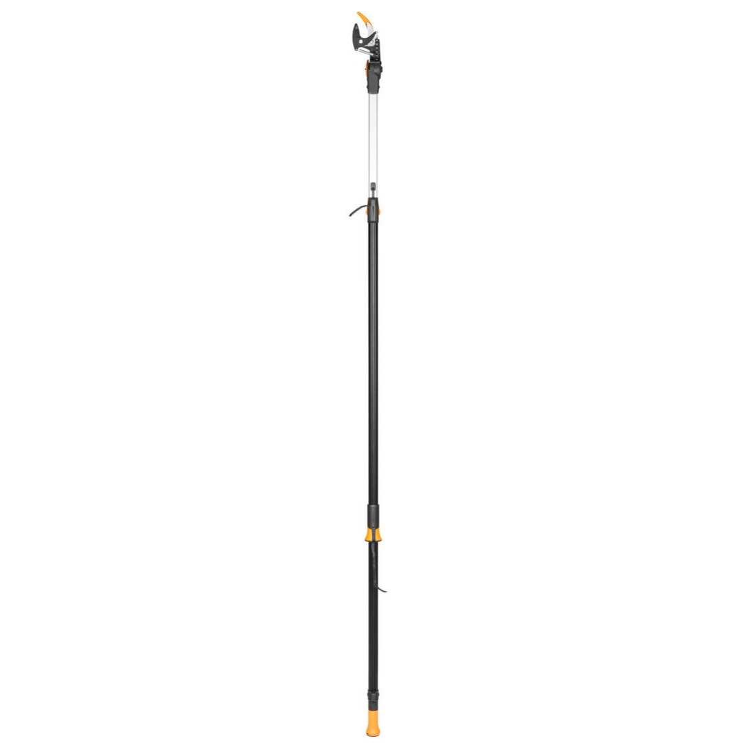 A Fiskars PowerGear X Telescopic Tree Pruner with an orange cutting support and a black shaft, featuring a SoftGrip handle.