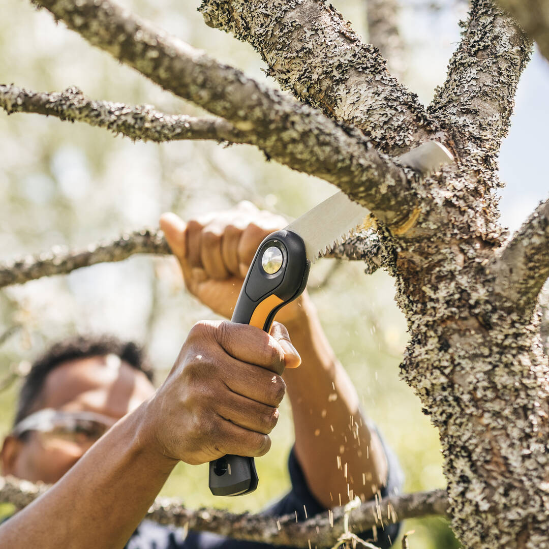 Person using a folding saw to prune a thick tree branch with precise control during garden maintenance.