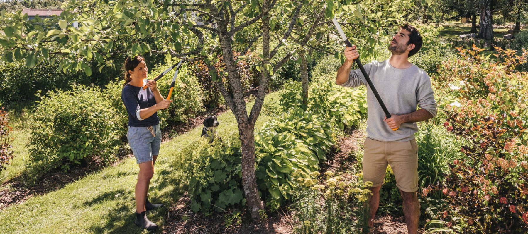 Couple pruning trees in a sunny garden using Fiskars tools – inspiring garden ideas South Africa