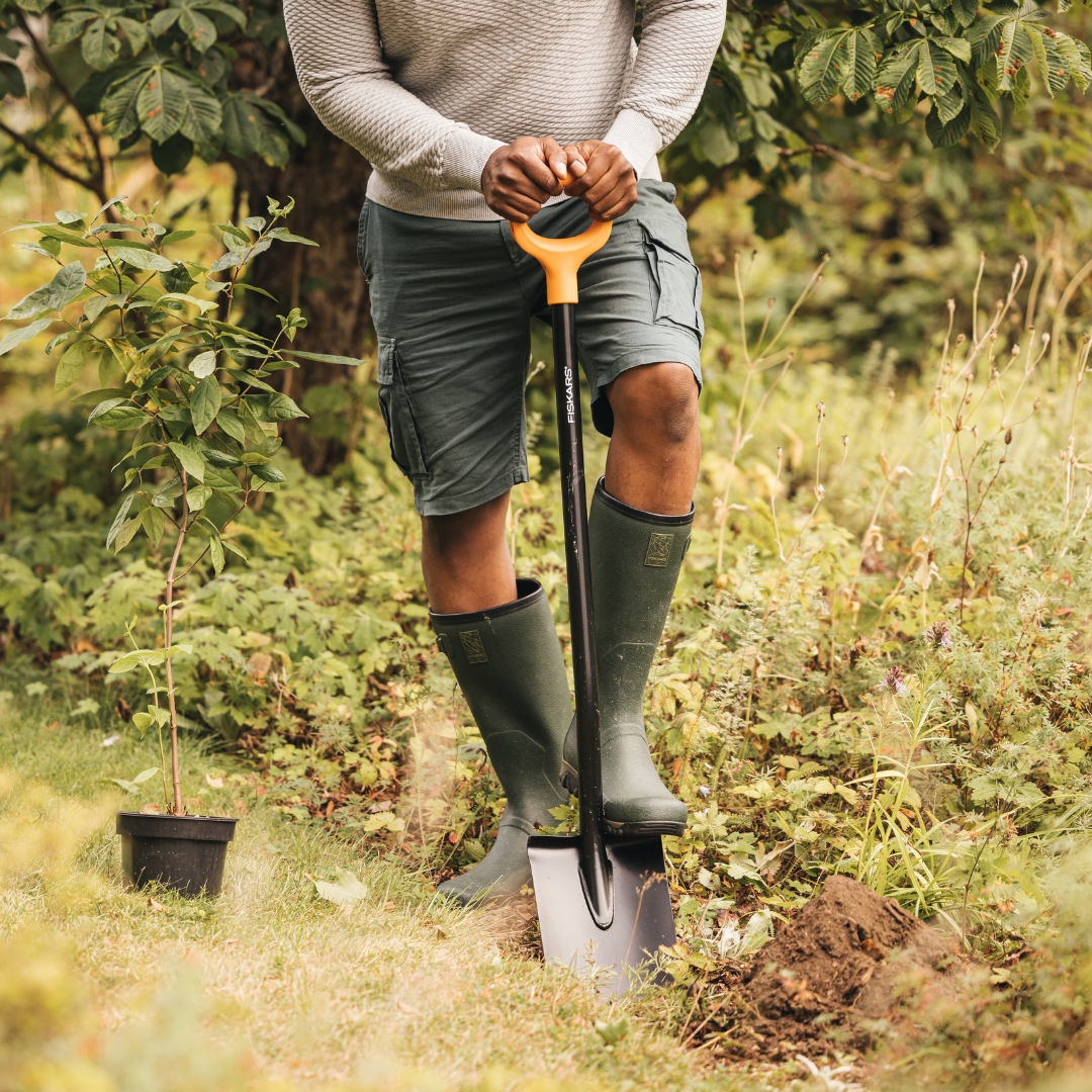 Person using a Fiskars round point shovel to dig a planting hole in a garden.
