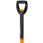 Black and orange shovel with Fiskars branding on a white background