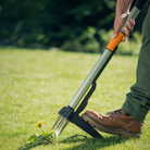 Person using a garden tool to remove a weed from grass